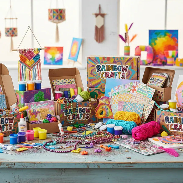 Colorful DIY craft kits for adults featuring rainbow paints, beads, yarn, and creative art projects at Majestic Boutique & Gifts