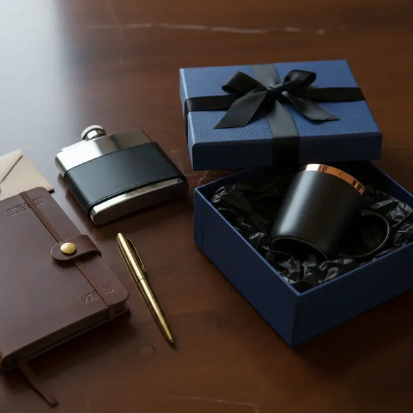 Premium gifts for him — leather journal, luxury flask, and curated gift boxes for men at Majestic Boutique & Gifts