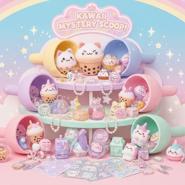 Colorful Kawaii Mystery Scoop filled with cute stationery, charms, and collectibles — hand-curated gift from Miami at Majestic Boutique & Gifts
