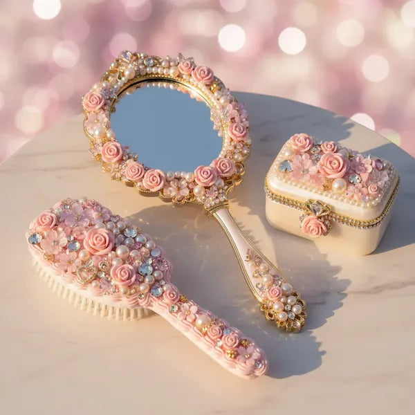 Kawaii vanity collection with decorated hand mirror