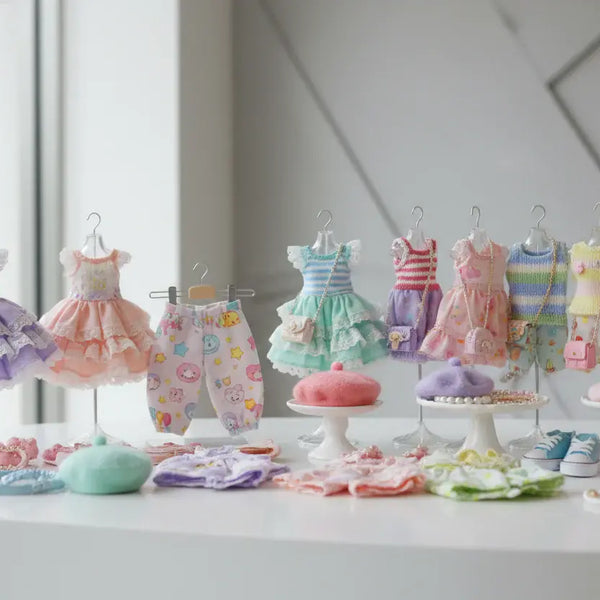 Trendy Labubu doll clothes and accessories collection featuring colorful outfits and kawaii styles at La Bubu Closet — Majestic Boutique & Gifts