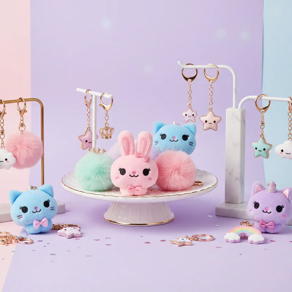 Collection of adorable plush keychains, boba tea charms, and cute collectible accessories at Majestic Boutique & Gifts