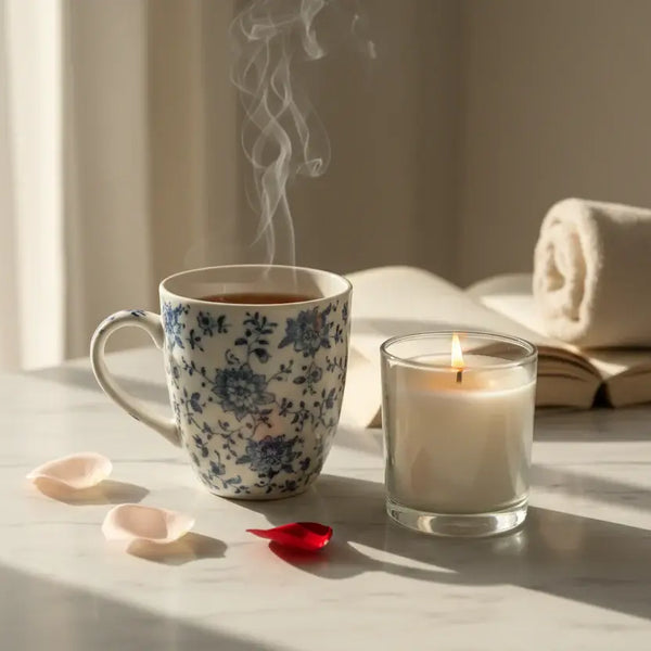 Luxury self-care gift set featuring an oriental tea set, floral fan, and relaxation essentials at Majestic Boutique & Gifts