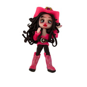 11.5cm rodeo queen cowgirl doll with wavy brown hair, expressive eyes and pink western outfit, handmade cold porcelain