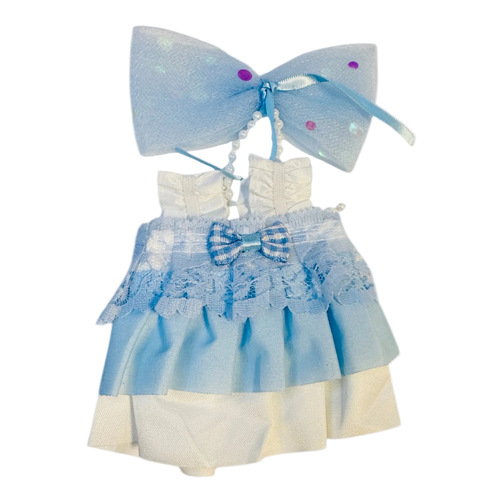 17 cm blue and white dress for doll with martching bow 