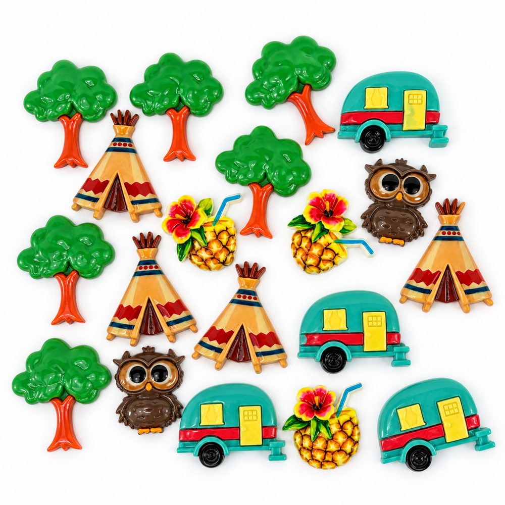 20-piece camping resin flatback mix with colorful campers, tents, trees, owls and pineapple drinks for DIY crafts.