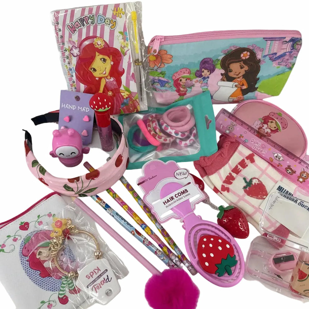 22-piece kawaii stationery and beauty gift set for girls with mini suitcase, hair brush, socks and pom-pom pencil