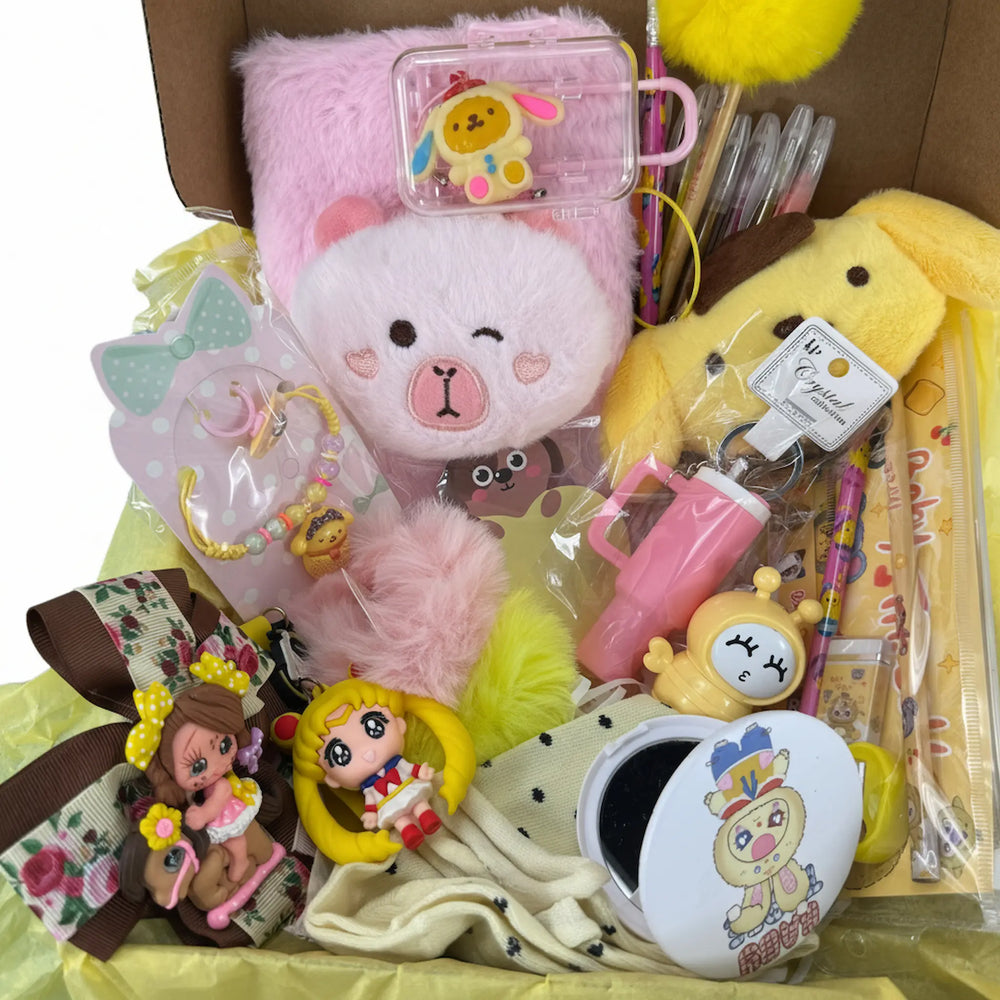 26-piece kawaii gift set for girls with journal, bracelet, keychain, lip balm and stationery in pink and yellow