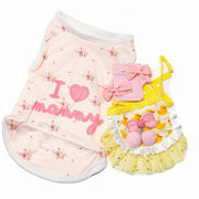 3-piece pink I Love Mommy dog outfit set with yellow tutu skirt and matching pink bows.