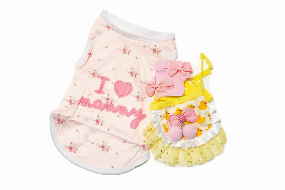 3-piece pink I Love Mommy dog outfit set with yellow tutu skirt and matching pink bows.
