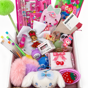 30+ piece kawaii gift box with gel pens, stationery, hair accessories, bracelet and beauty treats