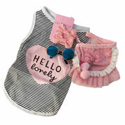 4-piece pet outfit set featuring a striped 'Hello Lovely' sleeveless shirt, pink ruffle tutu skirt, sunglasses, and matching bow clips