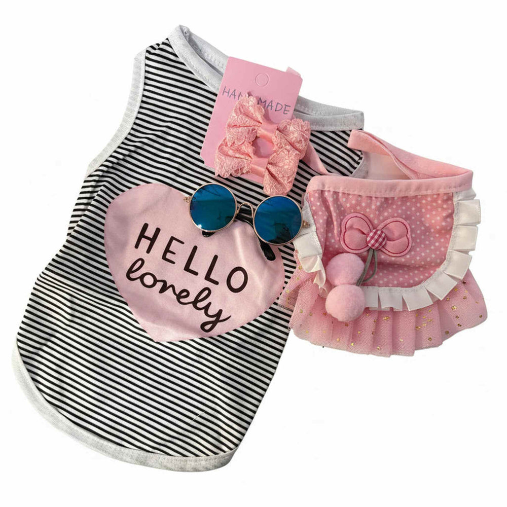 4-piece pet outfit set featuring a striped 'Hello Lovely' sleeveless shirt, pink ruffle tutu skirt, sunglasses, and matching bow clips