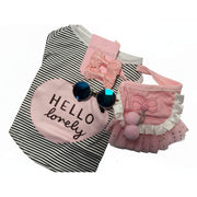 4-piece pet outfit set for dogs featuring a black and white striped 'Hello Lovely' shirt, pink ruffle tutu skirt, sunglasses, and matching bow clips.