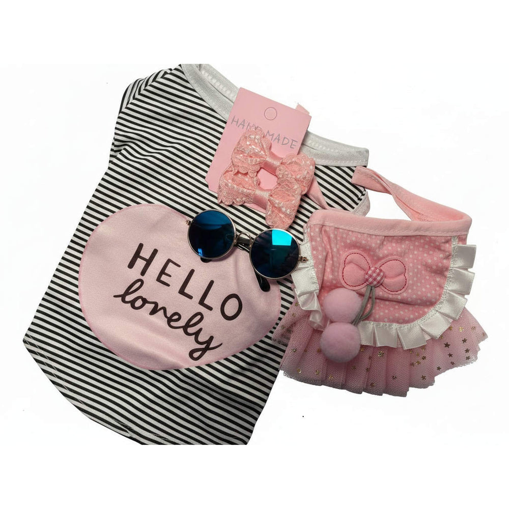 4-piece pet outfit set for dogs featuring a black and white striped 'Hello Lovely' shirt, pink ruffle tutu skirt, sunglasses, and matching bow clips.