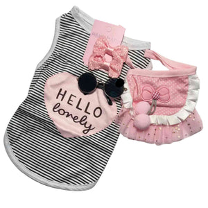 Hello Lovely Dog Outfit Set | Striped Shirt, Ruffle Skirt & Sunglasses