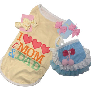 I Love Mom & Dad Dog Outfit | Shirt, Tutu Skirt & 2 Pairs of Hair Bows