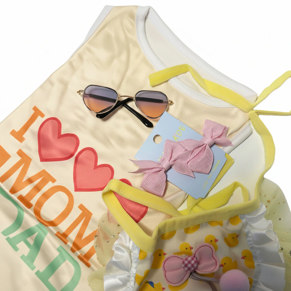 4-piece yellow dog outfit with ruffle tutu and bow clips