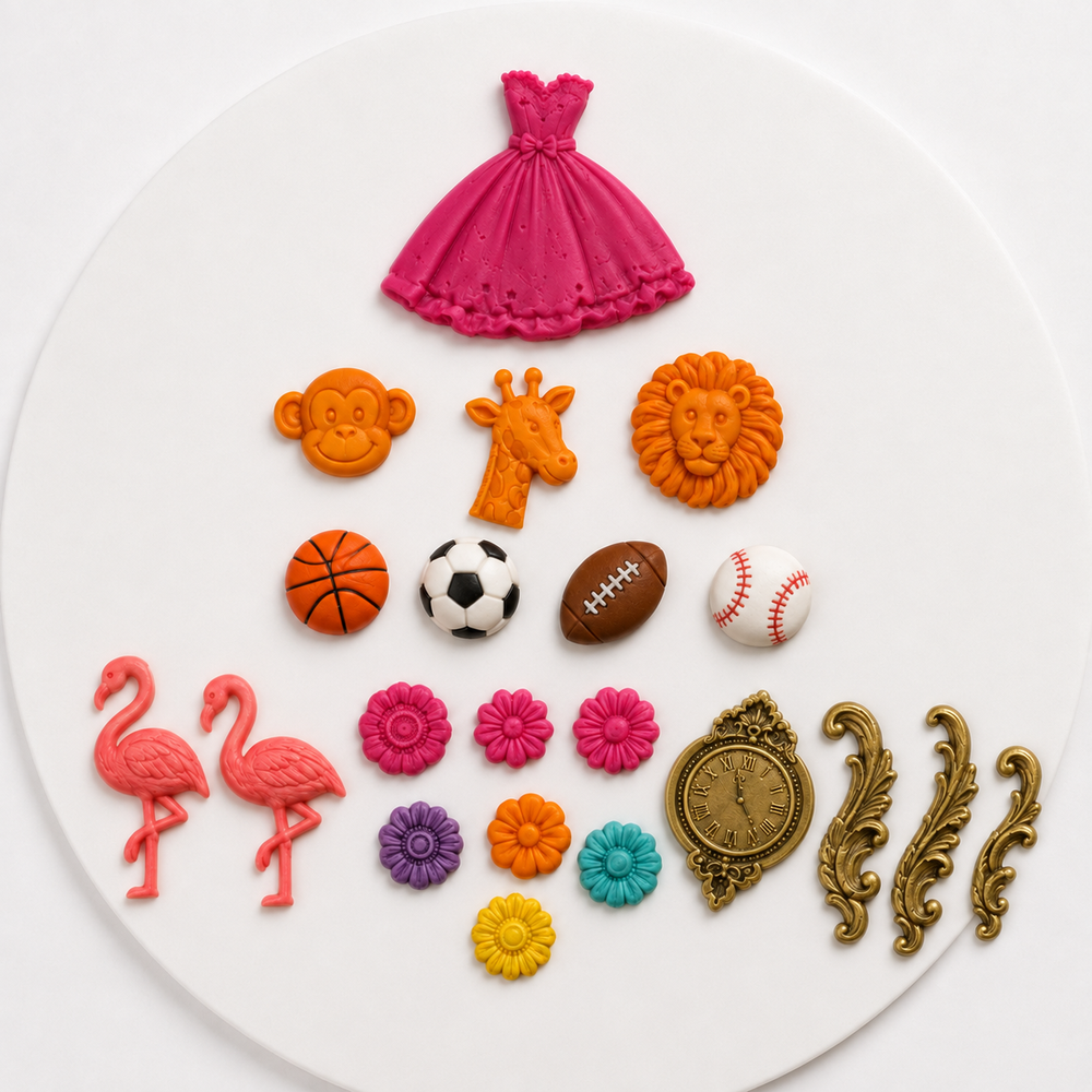 AI-generated example of colorful fondant pieces featuring a gown, safari animals, sports balls, flamingos, flowers and ornate clock decorations