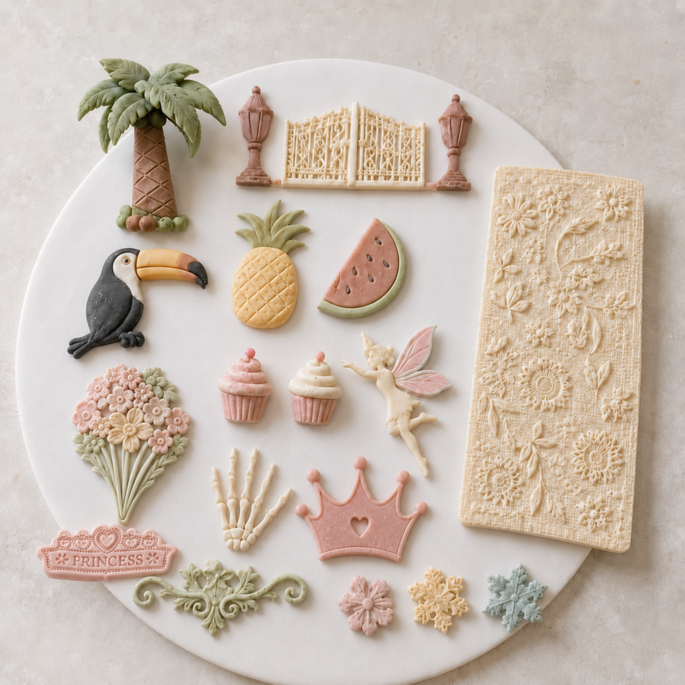 AI-inspired fondant creations made with silicone molds – floral, princess and fantasy designs
