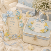 A baby shower keepsake box and matching welcome card frame set, blue mushrooms decoration 