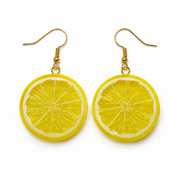 A pair of lemon slice drop earrings with gold fishhook wires