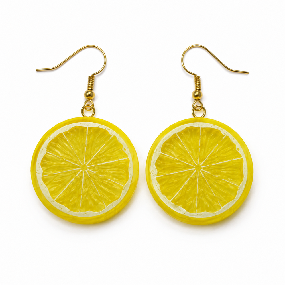 A pair of lemon slice drop earrings with gold fishhook wires