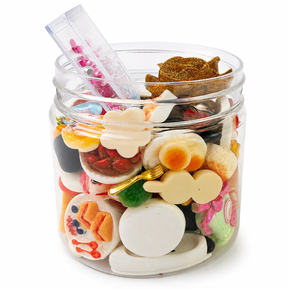 Abundant food themed flatback charm assortment with rhinestones and decorative pieces for creative projects