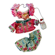 Asian-style miniature floral 4 pc, oulfit with pink embroidery blouse, green shirt, matching roses hair accessory for 17cm dolls, and white purse