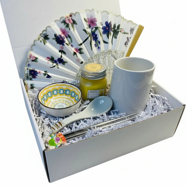 Asian tea gift box with mug and floral fan