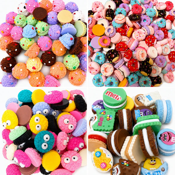 Assorted kawaii dessert flatback charms with donuts, cookies, macarons, and mini sweets for DIY crafts.