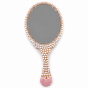 Back of pearl decorated hand mirror with gray reflective surface, rose gold trim and pink glitter heart handle