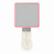 Back of small pink decorated hand mirror with handmade clay doll, faux pearls, rhinestones, flowers and starfish details