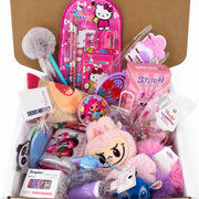 Back to school gift box with pencils, gel pens, sticky notes, pouch, bracelets, hair accessories, and keychains.