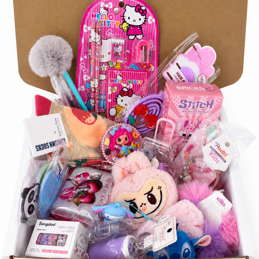 Back to school gift box with pencils, gel pens, sticky notes, pouch, bracelets, hair accessories, and keychains.
