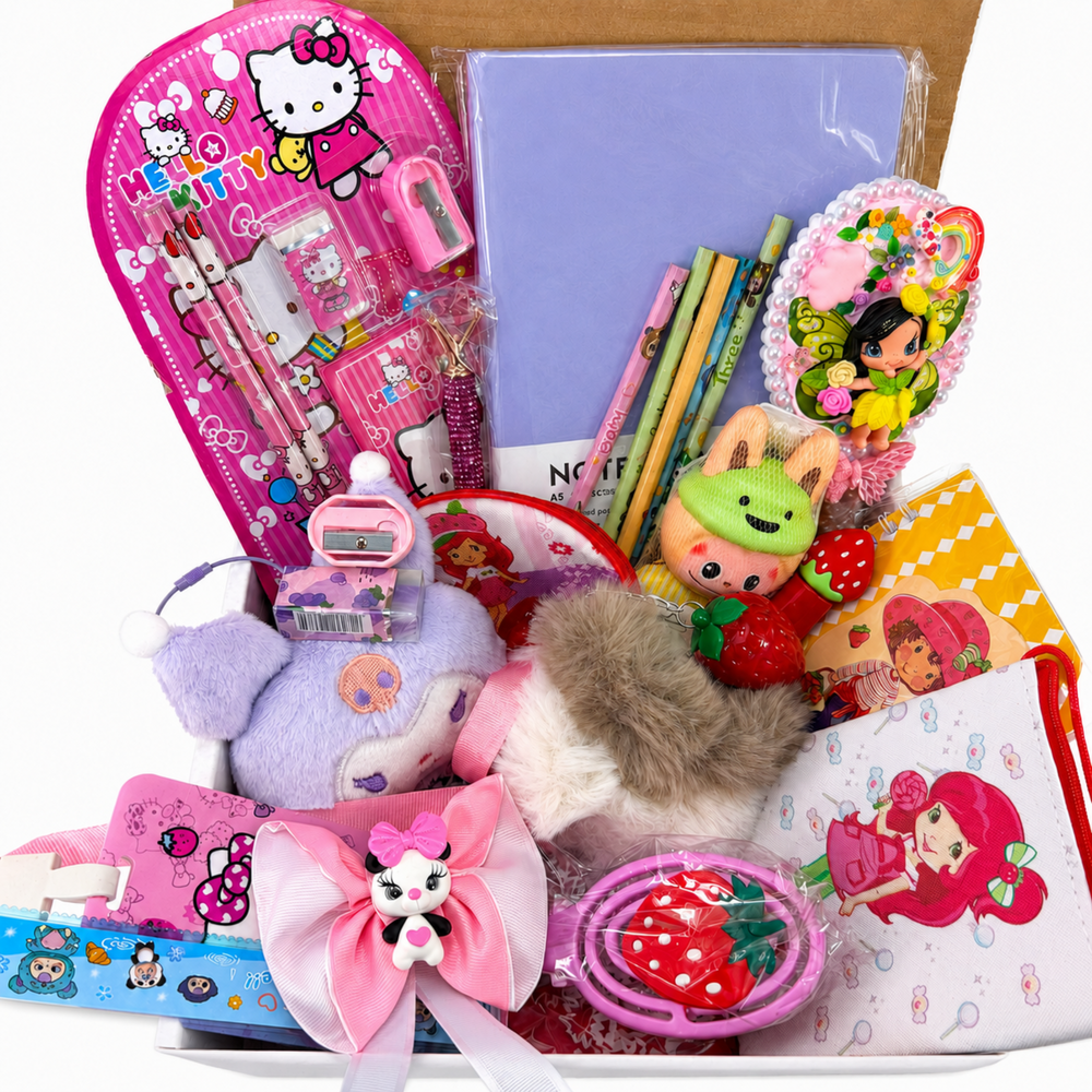 Back to school gift bundle with cute stationery, strawberry accessories, handmade hair bow, notebook and school supplies