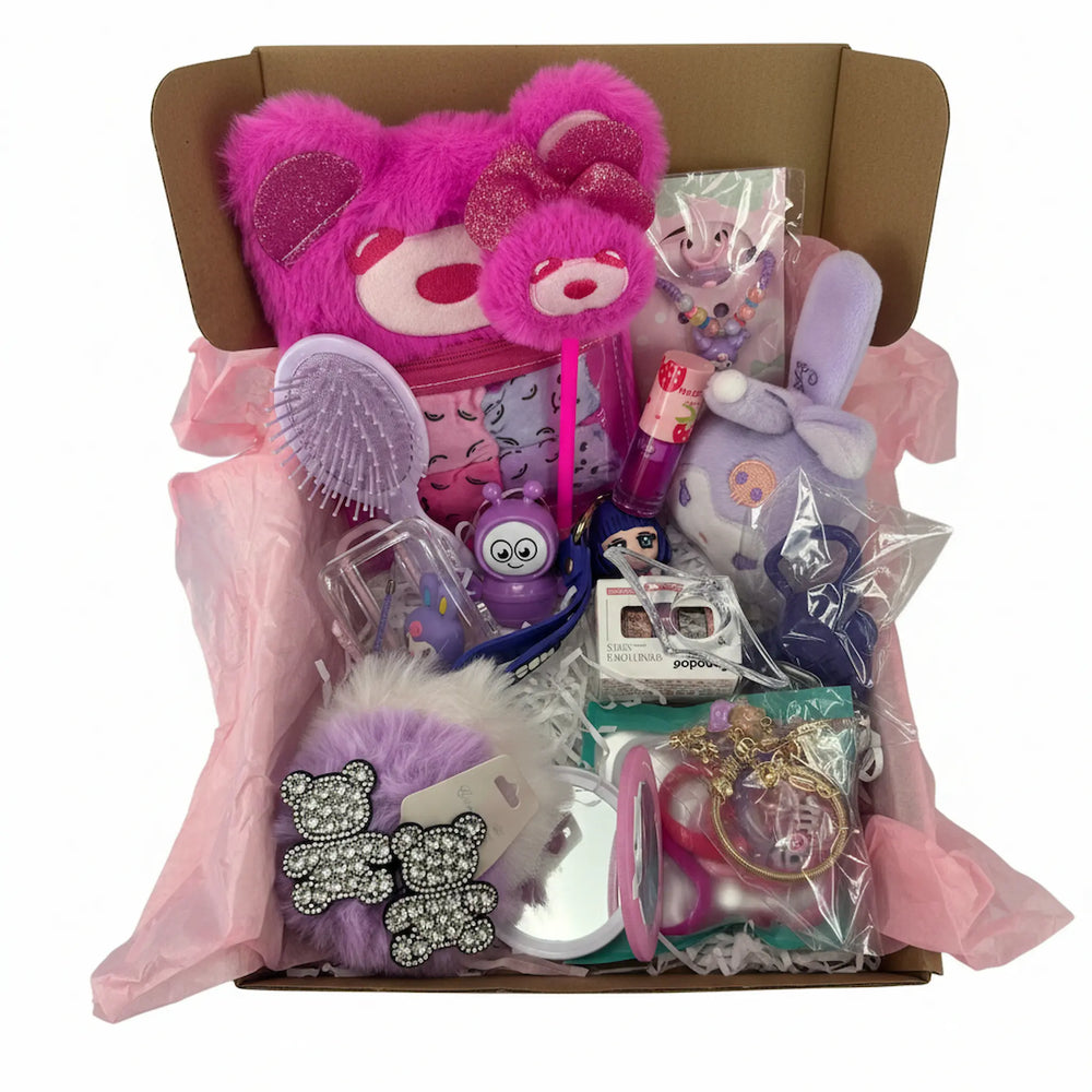 Birthday gift set for girls with teddy bear hair clips, lip balm, puff hair ties and plush journal