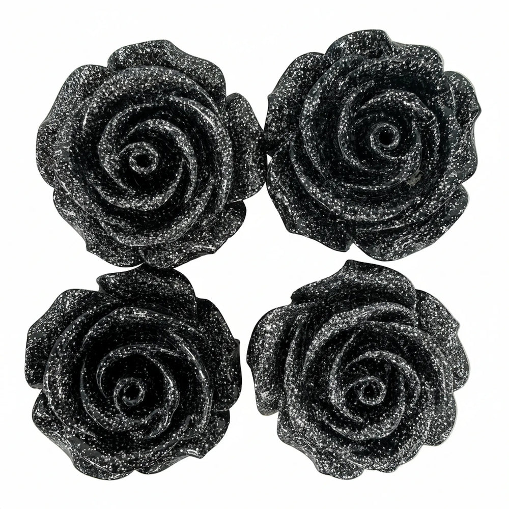Black glitter artificial roses close up detail for resin crafts and jewelry making