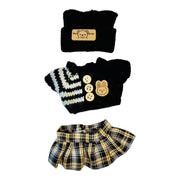 Black sweater with buttons, plaid skirt, and black beanie headband for 17 cm doll