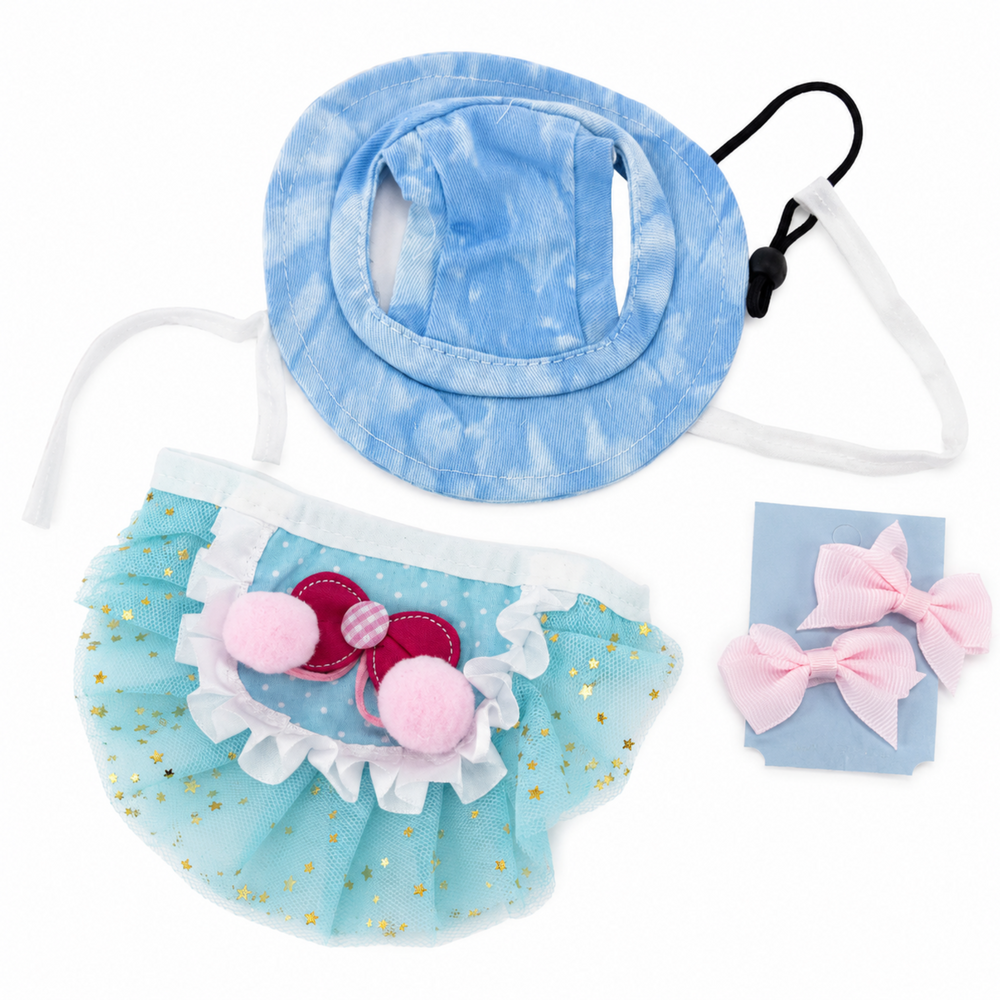 Blue XS puppy outfit with gold star tulle skirt, adjustable hat and matching pink bows