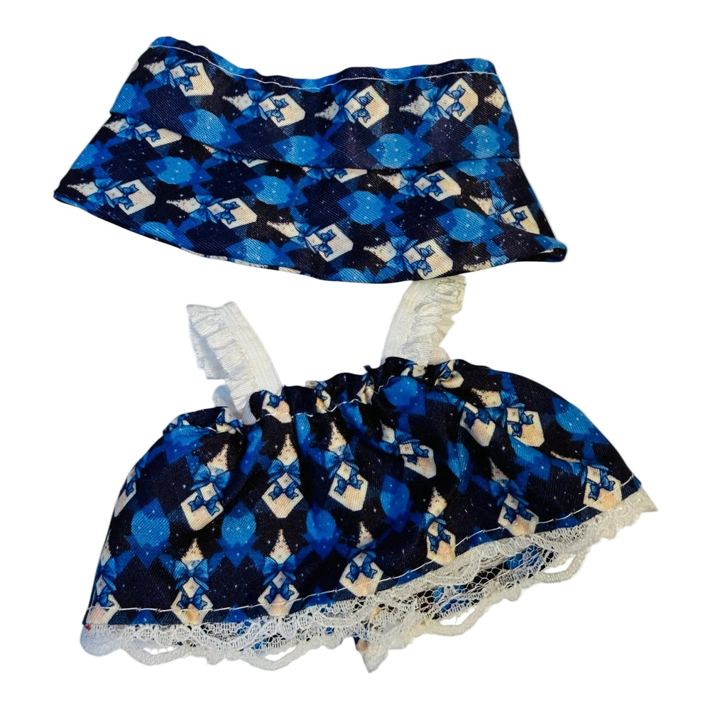 Blue and white patterned skirt with a matching sleeveless top 17cm dolls