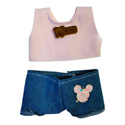Blue denim shorts and pink sleeveless top outfit set for 17cm collectible doll
