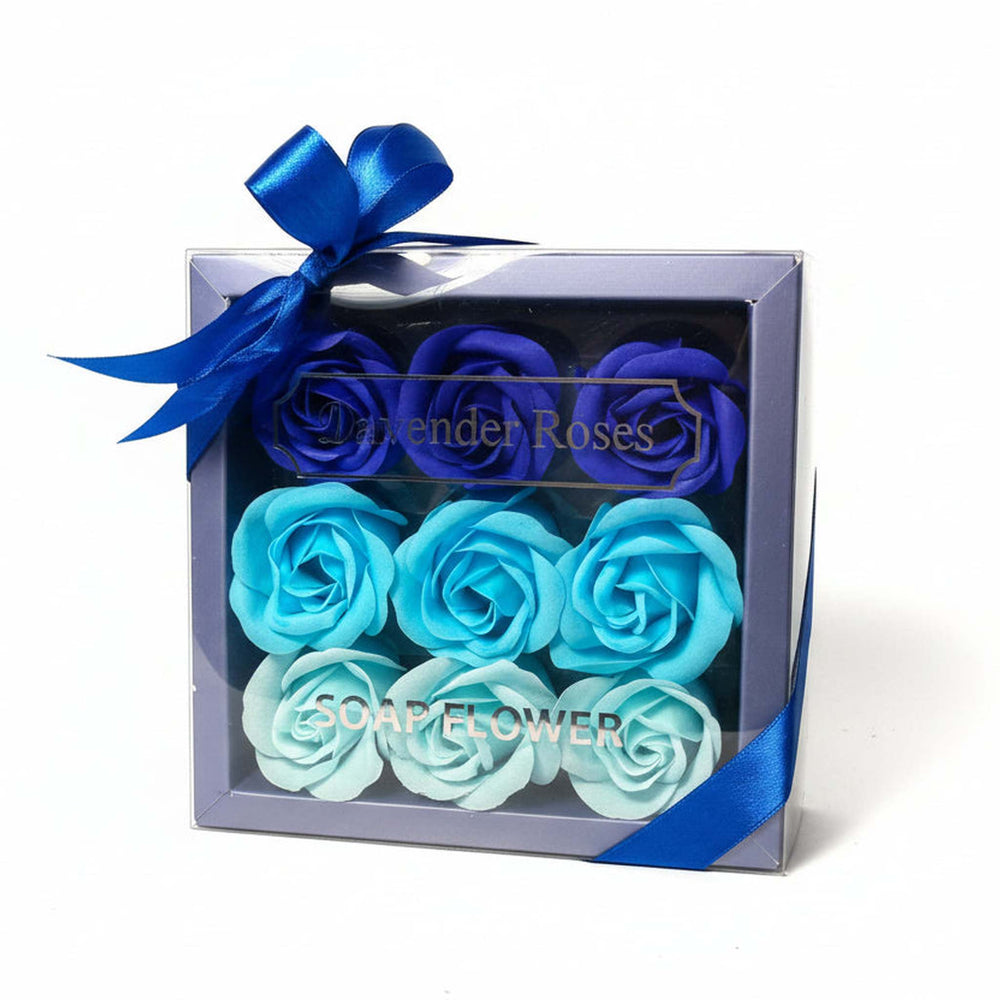 Blue ombre rose petal soap gift box with royal, aqua and baby blue floral soaps 
