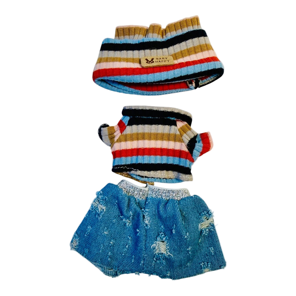 Blue striped shirt with matching blue shorts, and head band for 17cm collectible dolls