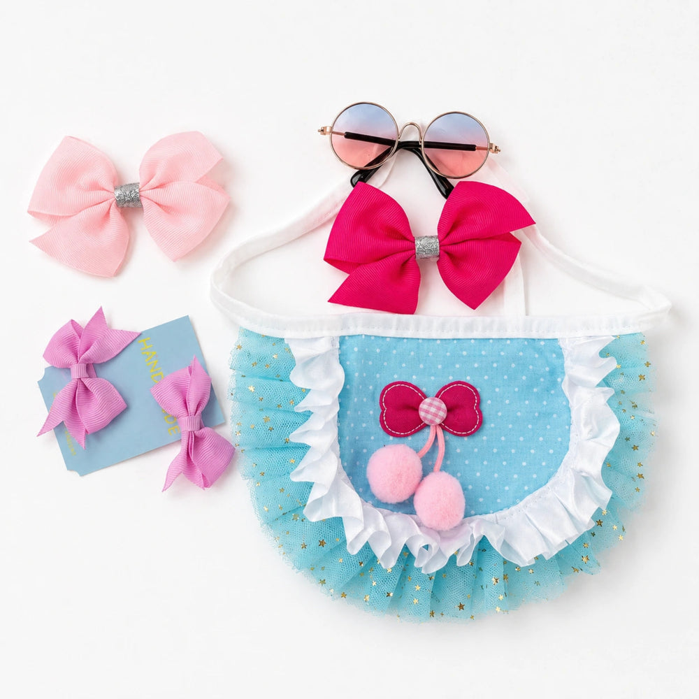 Blue tutu dog outfit styled with bows and sunglasses for a female dog gift set