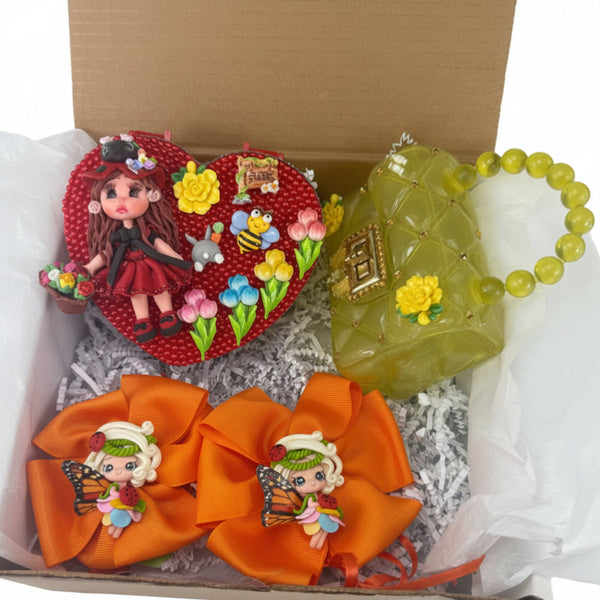 Butterfly fairy gift set for girls with jewelry box, yellow transparent purse, butterfly hair bows, and handmade doll details