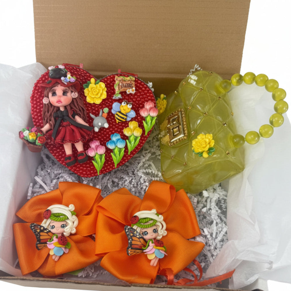 Butterfly fairy gift set for girls with jewelry box, yellow transparent purse, butterfly hair bows, and handmade doll details