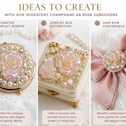 Champagne iridescent rose cabochons decorating an elegant jewelry box with pearls, crystals and gold accents