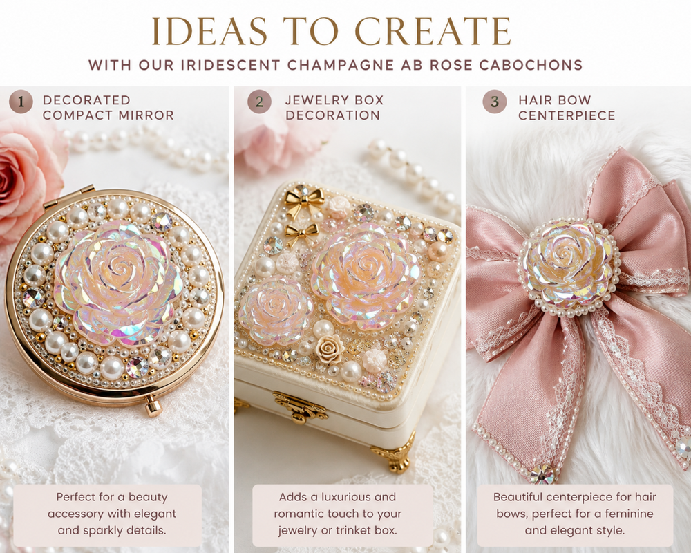 Champagne iridescent rose cabochons decorating an elegant jewelry box with pearls, crystals and gold accents