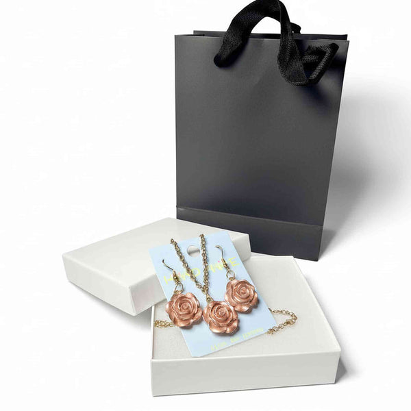 Champagne rose pendant necklace and matching rose earrings set in premium gift box